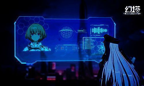 游戏剧情过场画面，角色在数据流与风暴交织的空间中对峙神秘敌人，光影效果极具张力