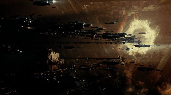 多艘大型战舰编队在太空中列阵对峙，能量炮充能光芒闪烁，气氛剑拔弩张