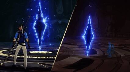 四个裂隙环绕战场，其中一个散发蓝色光罩，数名角色聚集在光罩内接受治疗