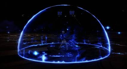 角色站在红色激光束路径中阻挡充能，身上浮现电光特效，治疗者正在为其施法