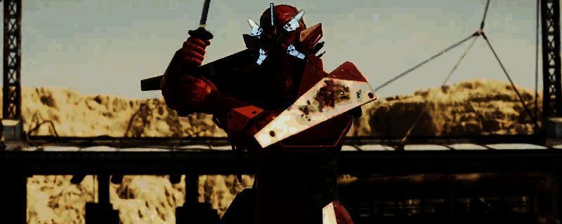 《死亡搁浅2》中身穿钢铁盔甲的神秘武士角色出现在昏暗场景中，全身覆盖机械装甲，背景雷电闪烁，充满未来感与压迫感