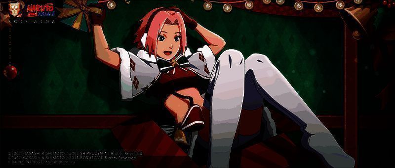 《火影忍者》手游冬日季活动主界面，画面充满节日氛围，雪花飘落，角色身着冬装，背景为温馨的村庄场景