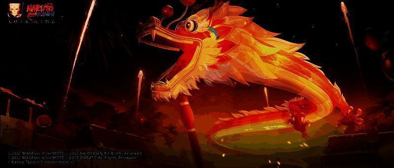 舞龙大会活动界面，队伍正在表演舞龙，画面绚丽，观众席坐满忍者，背景灯光璀璨