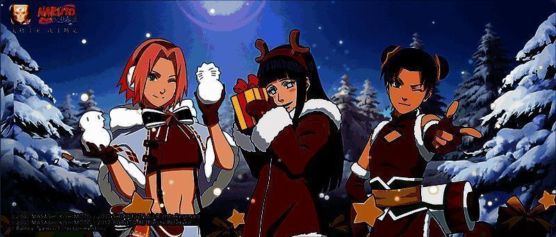 三位女忍站在雪地中，面前摆放着礼物盒，画面温馨，周围有雪花与暖灯装饰