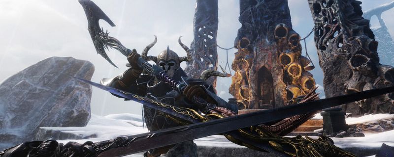 庇护岛场景全景，岩石嶙峋、雾气弥漫，远处可见即将启航的小船和站立的角色群像