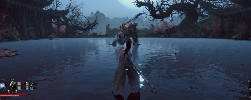 《明末：渊虚之羽》中一只心魔BOSS在昏暗亭子内现身的场景，周身环绕黑雾，造型诡谲，气氛压抑