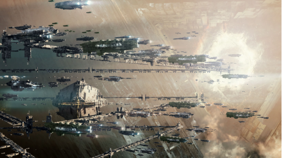 战场地图全景图，多个星系之间由跃迁航道连接，大量舰队正在移动，中央区域标注‘主战场即将开启’的红色警示标识