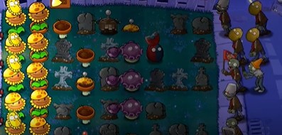 战斗场景示意图：忧郁菇投手发射子弹击中僵尸，画面中央爆发出紫色范围冲击波，周围三格内的多个僵尸被同时击退