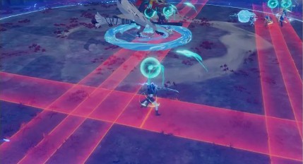 两道巨大的绿色旋风正在场地中央成型，周围伴有强烈气流特效，显示技能即将爆发