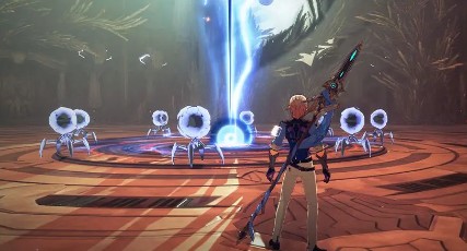 玩家在想象次元中与蓝色人形虚影互动的画面，周围环绕着四个发光的次元裂隙，氛围神秘且紧张