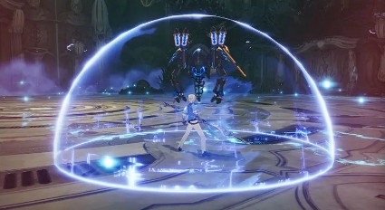 一名玩家站在红色激光路径中阻挡能量传输，身上闪烁着电弧特效，队友正在远处施放治疗法术