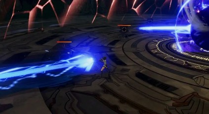 守护职业将BOSS转向边缘，一道巨大激光从其身后射出，其他队员已撤离至安全区域