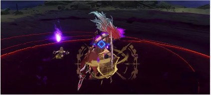 终章战斗特写：五名角色脚下浮现层层叠叠的猩红圆环，中央蒂娜长枪高速旋转带起残影，角色们正通过光效连接彼此向不同方向弹开