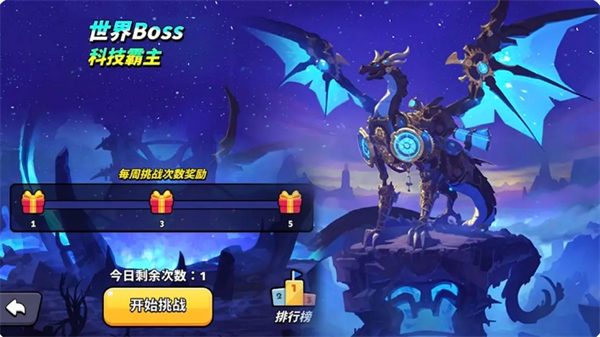 世界BOSS排行榜界面，顶部显示前十玩家ID与伤害数值，背景为巨型怪物模型