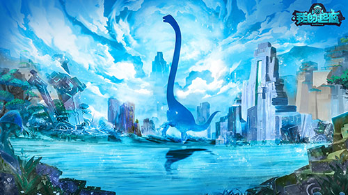 《我的起源》时光版本概念主视觉图:未来感十足的起源星球悬浮于星轨之间,冰蓝与鎏金光效交织,地面隐约可见钢铁陆行鸟奔袭剪影,整体呈现科技与生态共生的崩坏重生美学