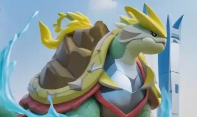 四人小队战斗动图截帧：疾电兔跳跃放电，天照雀俯冲引下紫色雷柱，紫月蝶挥翼释放粉色束缚光网，玄武龟甲泛起幽蓝涟漪覆盖全场