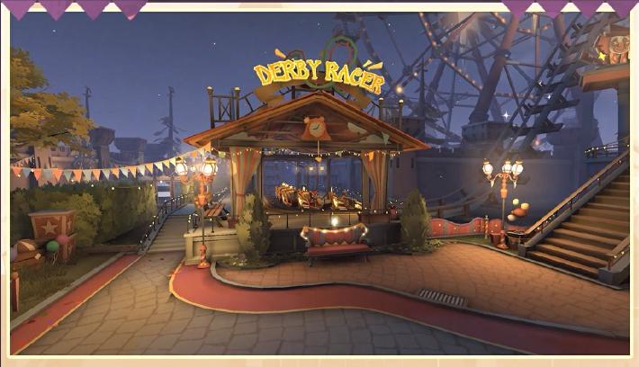 俯视角全景图:五彩霓虹点亮的月亮河嘉年华,中央摩天轮缓缓转动,四周环绕哈哈镜长廊、滑梯彩虹道、钓鱼池与套圈摊,地面投射着旋转木马剪影