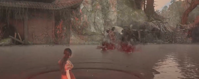 《明末：渊虚之羽》Boss战实机画面：黄虎张献忠怒目圆睁挥舞巨斧，周身缠绕赤色煞气，主角手持烈焰升腾的长刀斜步闪避，地面龟裂迸发火星