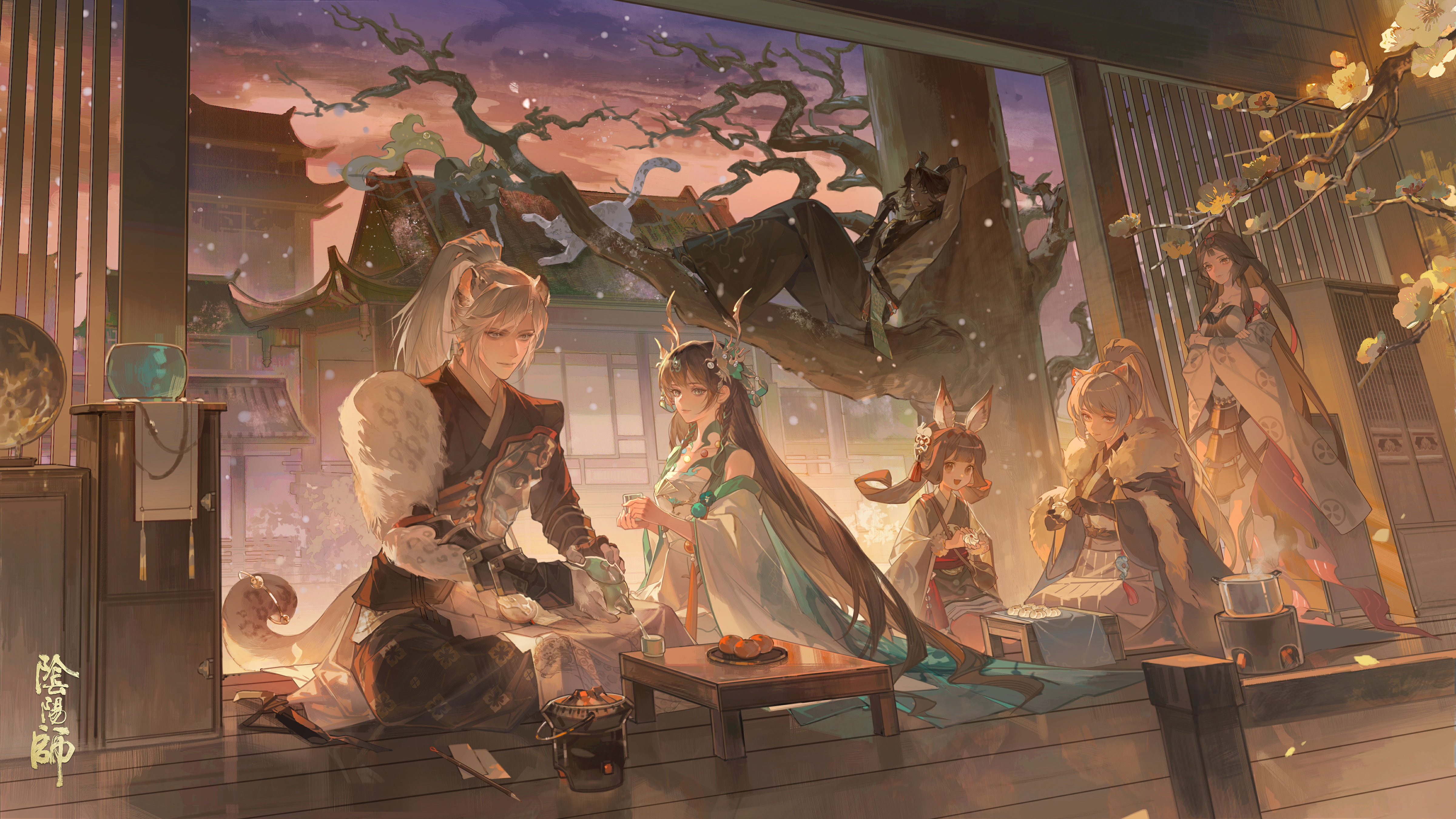 限定插画「天欲雪」高清展示：竖版构图，雪夜京都街巷为景，红衣式神执伞驻足檐下，仰望欲雪苍穹，伞面映出微光云影，画面留白考究，意境悠远