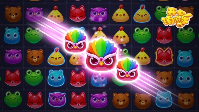 微信界面中搜索‘开心消消乐’的小程序卡片展示图，界面清新明亮，顶部为莱萌鸡Q版形象与游戏LOGO，下方显示‘即点即玩’提示