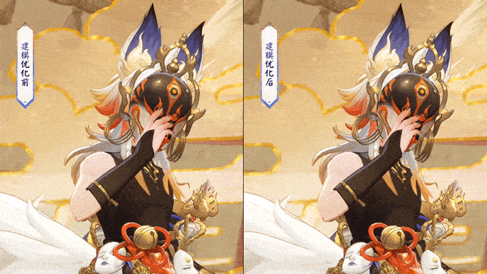 白藏主登场动作优化特写动图：面具滑落至下颌时，上唇微启露出清晰锐利的虎牙，背景光效柔和聚焦于面部