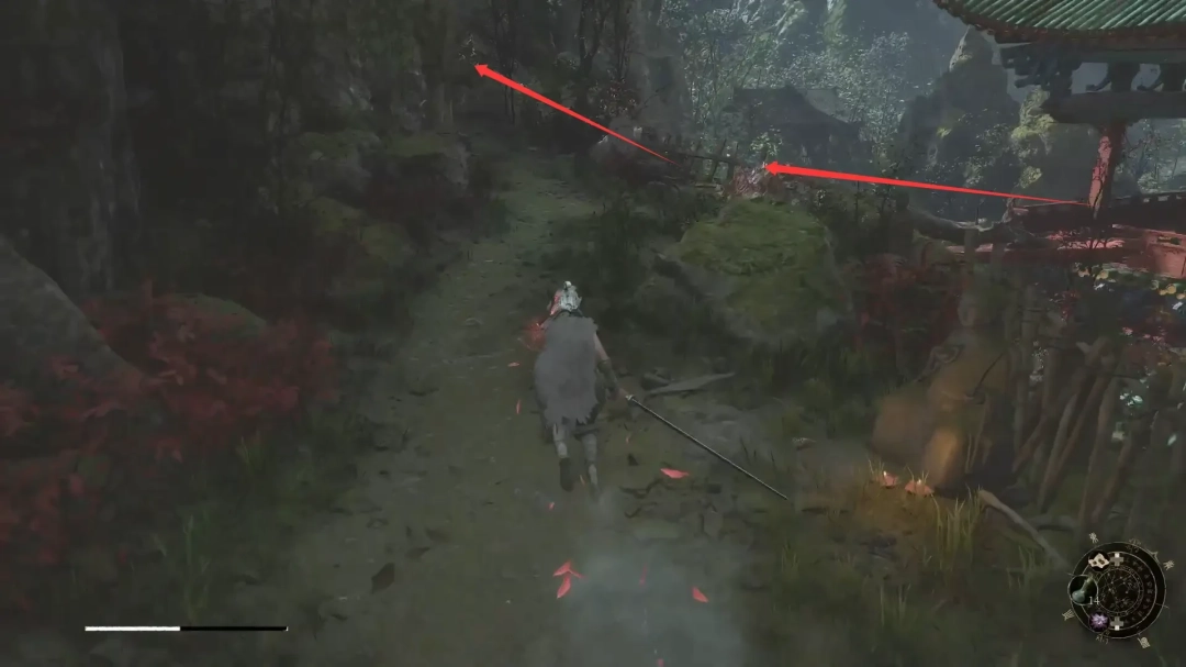 俯视角镜头：独木桥悬于万丈深渊之上，角色背影坚定前行，远处山径蜿蜒隐入云海