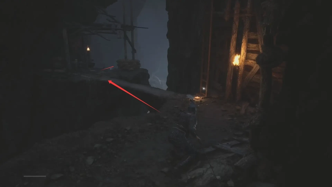 洞内电梯井：生锈钢缆垂落，轿厢半悬于黑暗，上方岩壁渗出荧光苔藓，映照脚下深不见底的虚空