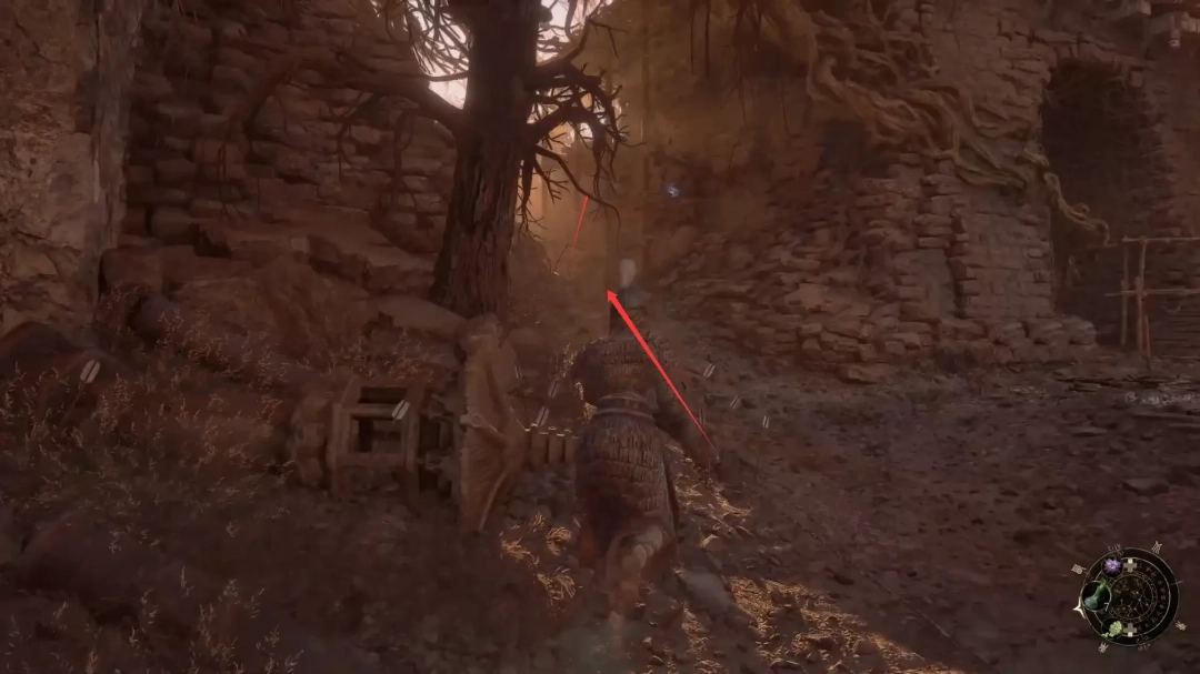 角色沿陡峭石阶向上奔跑的动态截图，脚下碎石滚落，背景中法师莲花弹道在远处城墙炸开淡金色光晕