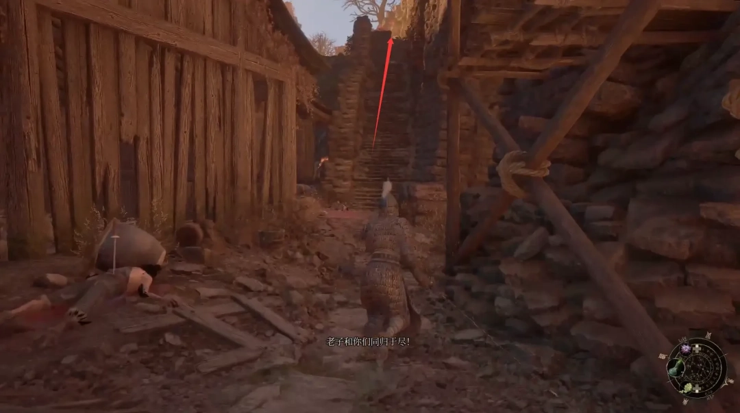 顶部平台战斗特写：角色挥剑劈开一朵逼近的燃烧莲瓣，脚下已倒下两名亡灵士兵，远处法师正抬手酝酿下一发技能