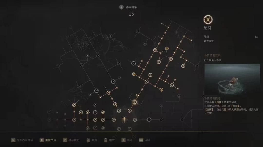 技能加点树示意图：高亮标出【剑意】【清影】【飞花】【噬血】四大核心技能节点，箭头清晰指向‘羽毛循环’与‘抗衡回血’双路径