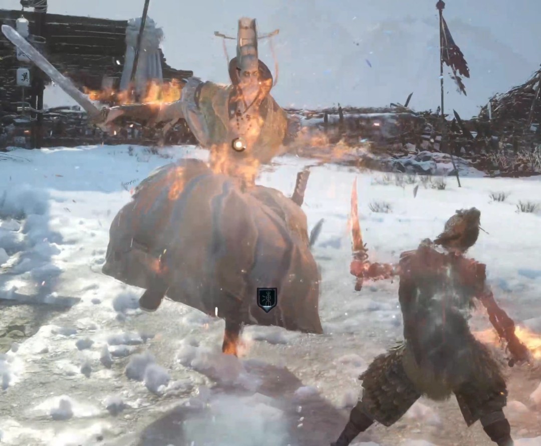 Boss二阶段技能预警特写：刘承恩单腿高高抬起，地面浮现红色裂纹预警圈，主角角色正向右后方翻滚脱离