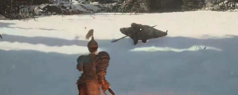 《明末：渊虚之羽》Boss战实机画面：监军刘承恩腾空跃起发动第三段横扫，角色正以刀背格挡，周身迸发橙红色火焰特效与金属碰撞火花