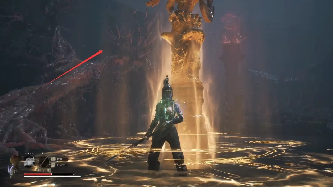 金色大门正脸全景，门面镌刻繁复羽纹与古篆‘伐’字，门缝溢出暗红色能量流光