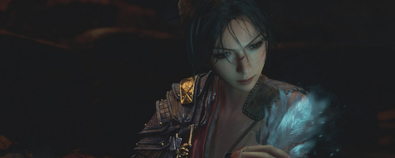 《明末：渊虚之羽》游戏内角色持长剑立于古风废墟场景，周身泛起暗红色吸血光效，UI界面显示生命值正缓慢回升