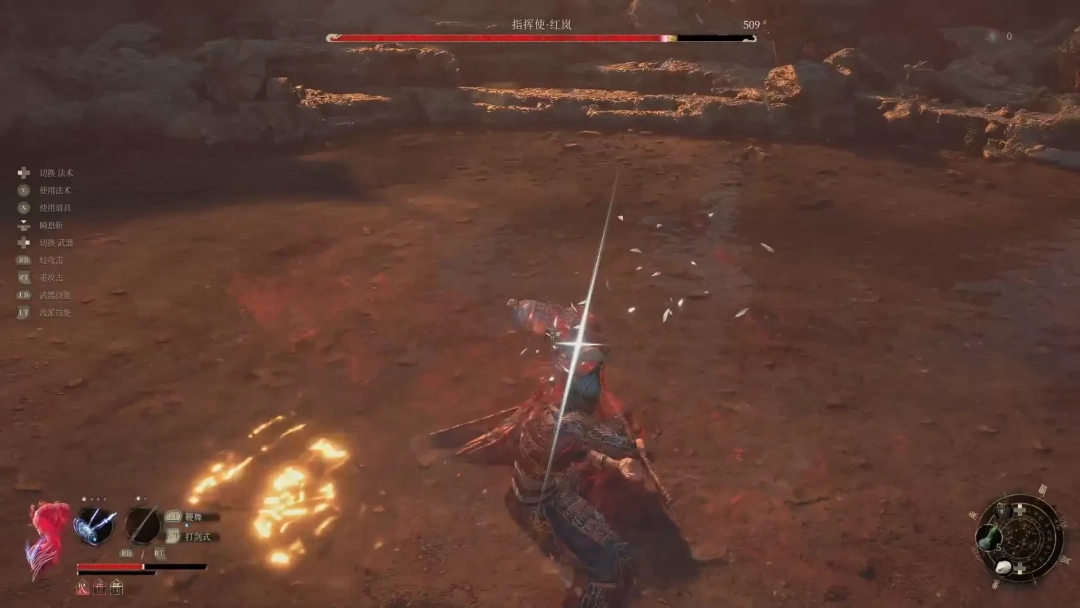 战斗过程GIF截图：玩家角色连续闪避胖士兵挥斧攻击，随即突进蓄力命中，敌人膝盖弯曲陷入硬直，角色趁机平A两下，刀身泛起血色涟漪