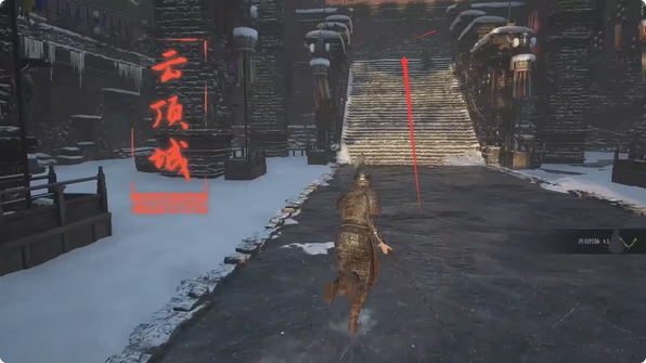 玩家角色站在雪堡主堡楼梯转角，前方是布满冰霜纹路的厚重石门，门缝透出幽蓝微光