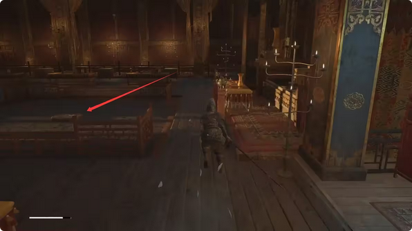 电梯升至顶层后的全景：积雪平台中央悬浮泛着红光的血污书信，四周环绕发光符文与漂浮蜂巢