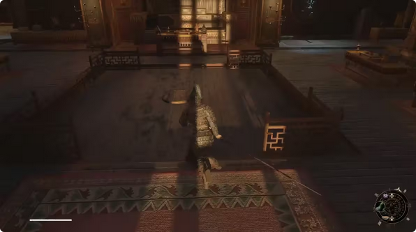 玩家角色凌空跃下瞬间，身后电梯金属框架高速运转，齿轮咬合迸发火花